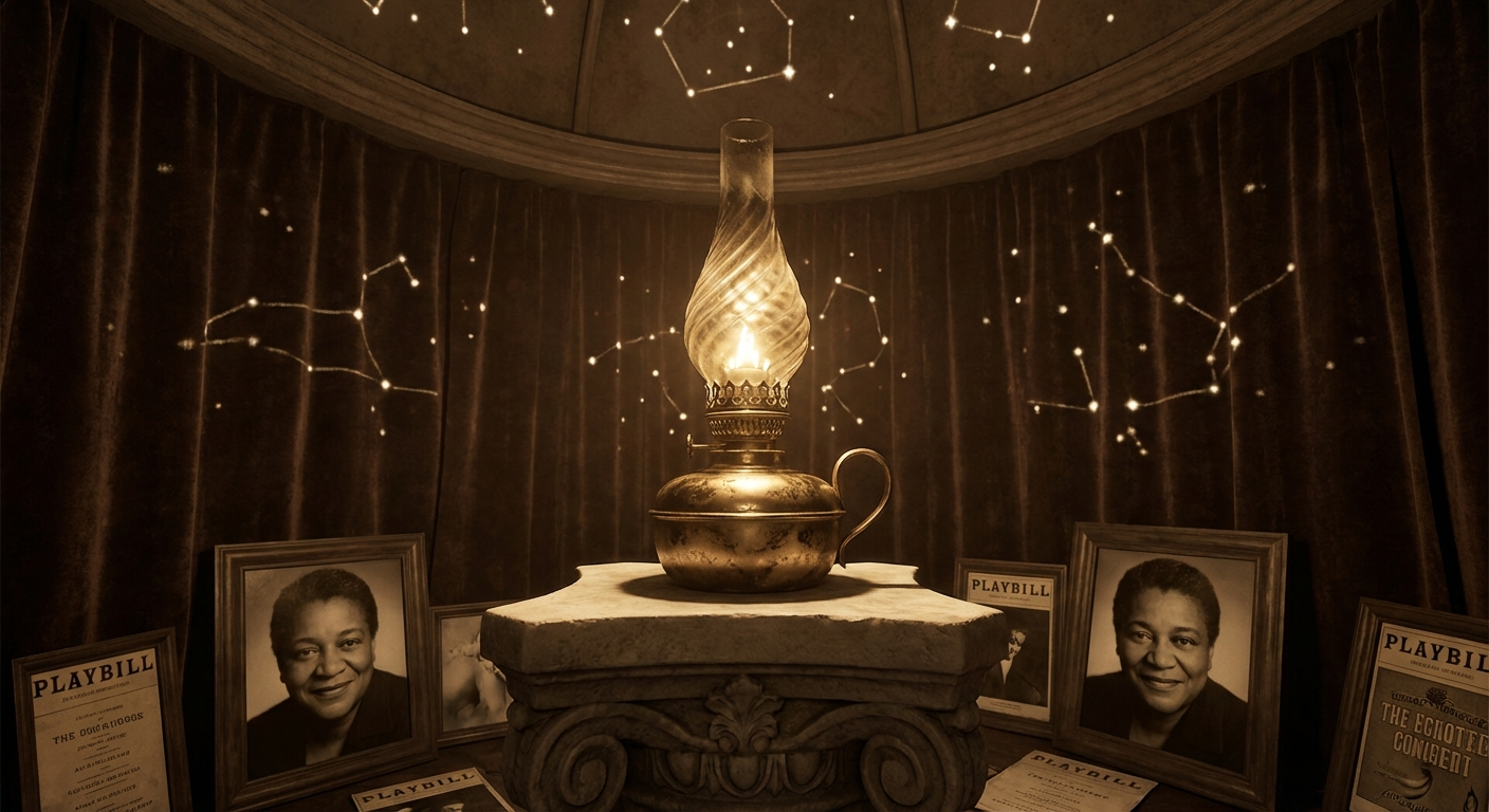 A magical antique oil lamp glowing in a starlit room, a tribute to his iconic role as the Genie.