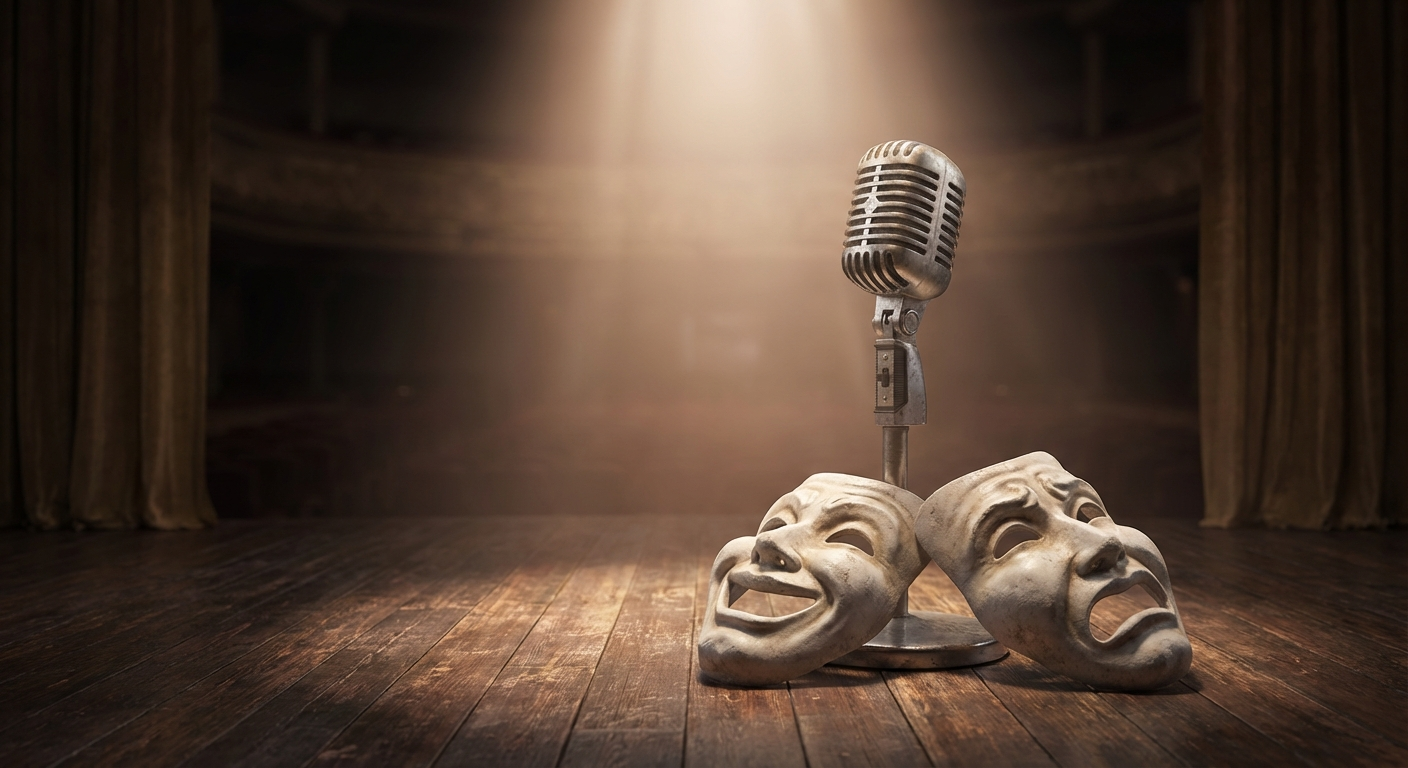 Classic comedy and tragedy masks on a stage, honoring his mastery of both genres.